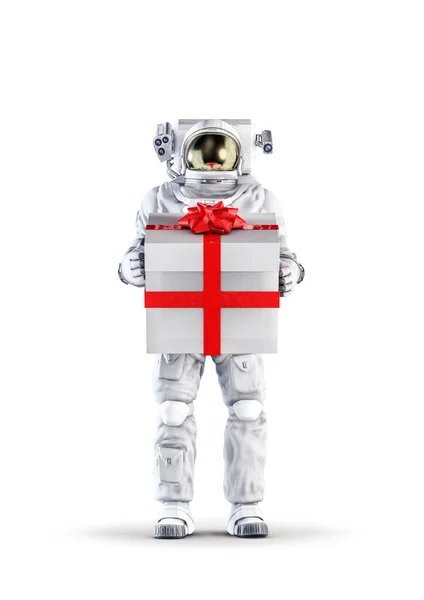 航天员 带着宇航服的当前 三维图解 身穿男装 手持礼品盒 红色缎带包裹 与白色背景隔离 — 图库照片