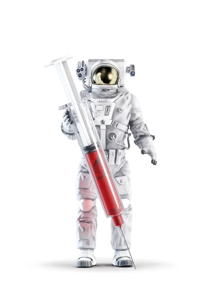保健医疗宇航员 身穿男式宇航服手持巨大注射器在白色工作室背景下分离的三维图像 — 图库照片