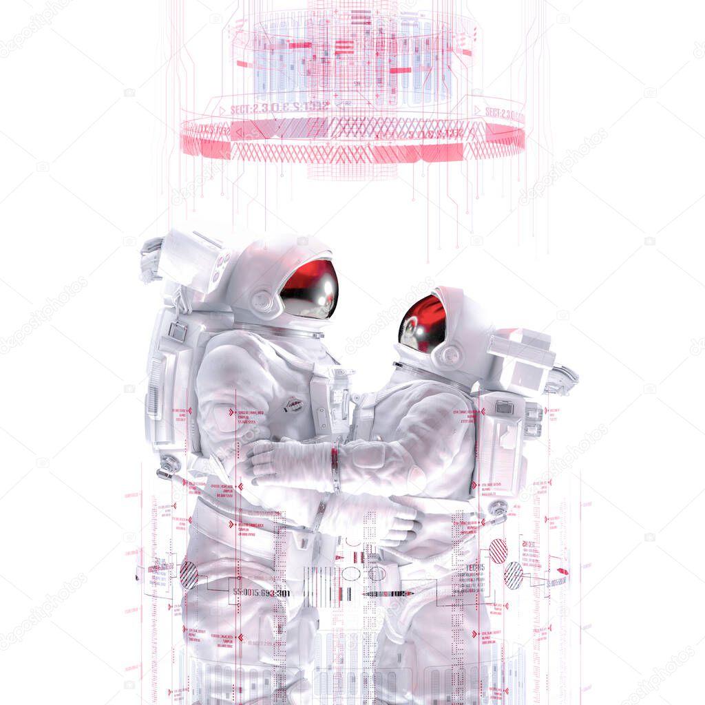 Match made in cyberspace / 3D illustration of male and female astronaut couple embracing surrounded by virtual data on white studio background