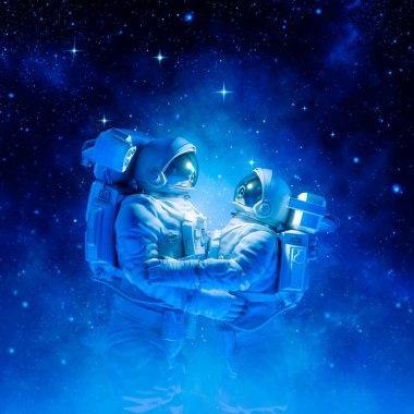Uzay boşluğunda kucaklaşan erkek ve kadın astronot çiftin yıldız / 3D çizimi altında romantizm
