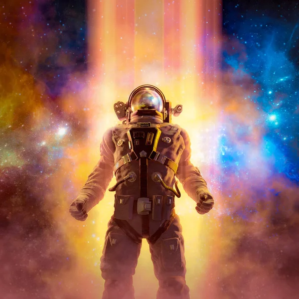 Resa Till Stjärnorna Illustration Science Fiction Scen Med Heroiska Astronaut — Stockfoto