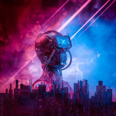 Android red dawn / 3D illustration of male science fiction humanoid cyborg rising behind modern city against ominous sky clipart
