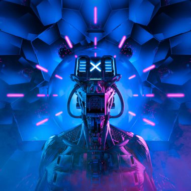 Siberpunk rüyaları, neon ışıklı bilgisayar çekirdeğinin içindeki metalik bilim kurgu erkek insansı robotun 3 boyutlu resimlerini yeniden yükledi.