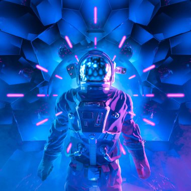 Uzay giysisindeki gizemli astronot figürünün parlayan neon ışıklarla çevrili olduğu bilim kurgu sahnesinin sonsuzluğa / 3D illüstrasyonuna doğru bir yolculuk.