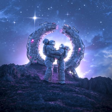 Erkek ve kadın astronotların yıldız / 3D çizimlerinin ötesinde son vedalaşma. Uzaylı gezegenine ışınlanma portalı tarafından sarıldılar.