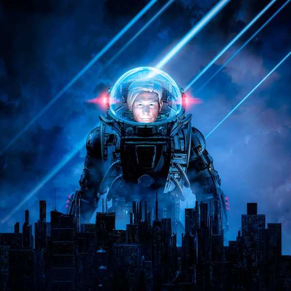英雄男性科幻小说宇航员指挥官在未来派城市后面迎战不祥天空的最后任务 3D图解 — 图库照片