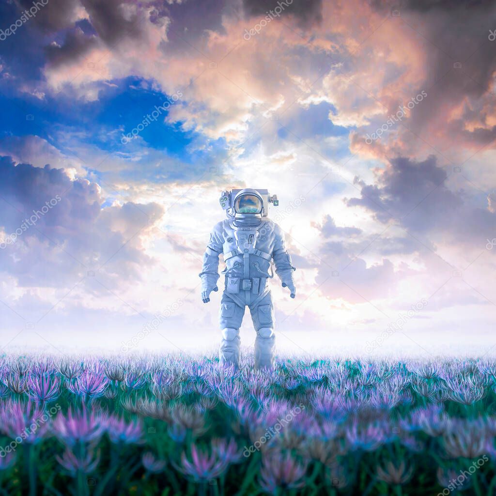 Stepping into dreams / 3D illustration of surreal science fiction scene with lone astronaut walking through field of flowers under glorious sky