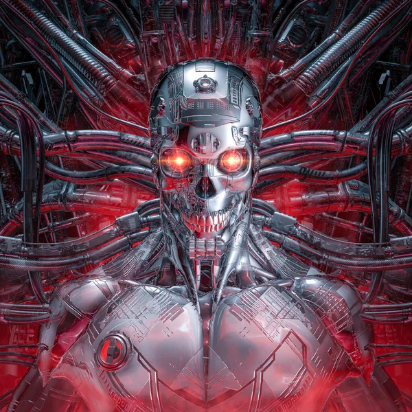 Chrome Killer Robot Ilustracja Science Fiction Czaszka Stoi Zły Cyborg — Zdjęcie stockowe