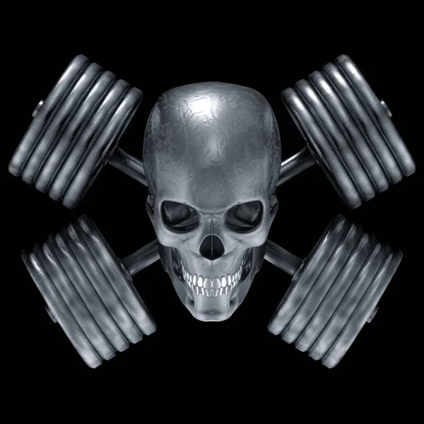 Evil dumbbell skull / 3D illustration of grinning grungy metal human skull and heavy crossed dumbbells isolated on black background