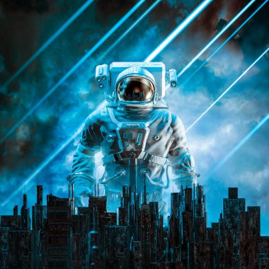 Göktaşı fırtınası astronot kolonisi / 3D illüstrasyon gizemli erkek bilim kurgu astronotunun kaygı verici gökyüzüne karşı fütüristik şehrin arkasında yükselişi