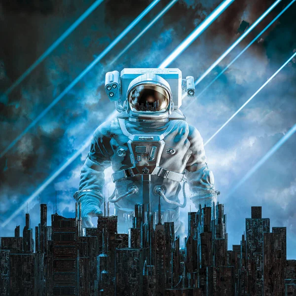 Göktaşı fırtınası astronot kolonisi / 3D illüstrasyon gizemli erkek bilim kurgu astronotunun kaygı verici gökyüzüne karşı fütüristik şehrin arkasında yükselişi