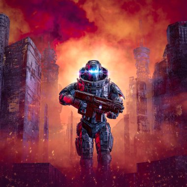Cyberpunk soldier city warfare / 3D illustration of science fiction military robot warrior patrolling war torn dystopian streets clipart