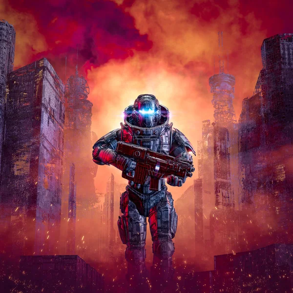 Siber Punk askeri şehir savaşı / 3D bilim kurgu askeri robot savaşçı devriyesi distopya sokaklarında devriye geziyor