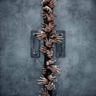 Zombi korku elleri Cadılar Bayramı kapısı / 3 boyutlu çizimler yamuk yumuk ölümsüz elleri ağır çift kapılar arasından uzanıyor