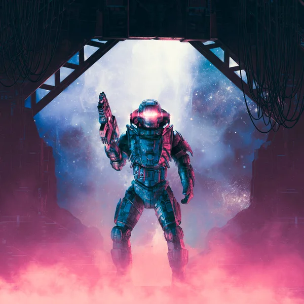 Cyberpunk Soldat Luftsluss Illustration Science Fiction Militär Robot Krigare Beväpnad — Stockfoto