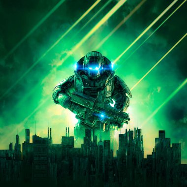 Siberpunk asker şehri kuşatma altında / 3D illüstrasyon altında. Bilim kurgu askeri robot savaşçı fütürist distopyan silueti üzerinde yükseliyor.