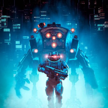 Siber Punk askeri devriyesi / 3D illüstrasyon bilim kurgu askeri cyborg savaşçı devasal robotla gelecekteki distopik şehirde devriye geziyor.