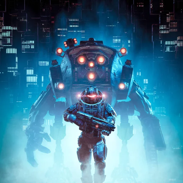 Siber Punk askeri devriyesi / 3D illüstrasyon bilim kurgu askeri cyborg savaşçı devasal robotla gelecekteki distopik şehirde devriye geziyor.