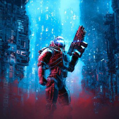 Siberpunk asker şehir devriyesi / 3D illüstrasyon bilim kurgu askeri robot savaşçı gece distopyan sokaklarda devriye geziyor