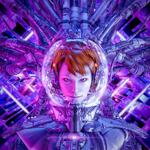 科学小説の無限 3Dイラストへのミッション明るいネオンライトの宇宙船の中の女性未来宇宙飛行士 — ストック写真