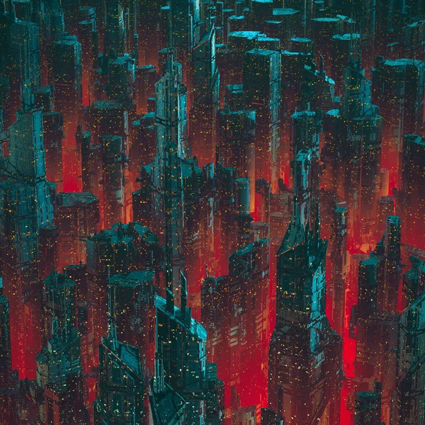 Főváros Jövő Illusztráció Sötét Tornyosuló Futurisztikus Sci Cyberpunk Városkép Éjjel — Stock Fotó
