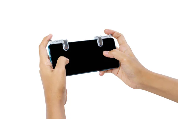 用金属触发器关闭游戏手 用于控制白色背景下的移动Gamepad消防按钮 Pov Shot 免版税图库照片