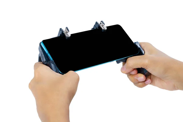 Close Gamer Hand Mit Metallauslöser Für Controller Mobile Gamepad Feuerknopf Stockbild