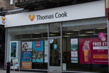 Stirling, United Kingdom - August 11 2018:   The front of Thomas Cook Travel Agent store in Murray Place