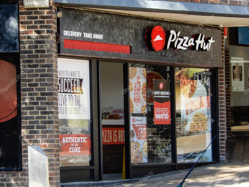 Basingstoke, United Kingdom - June 26 2018:   The front of Pizza hut restaurant on Church Street  by the Festival Place shopping Centre