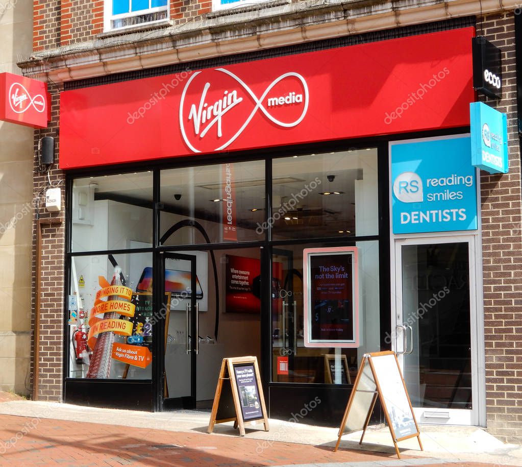 Reading, United Kingdom - May 09 2018:   The frontage of Virgin media shop in Broad street