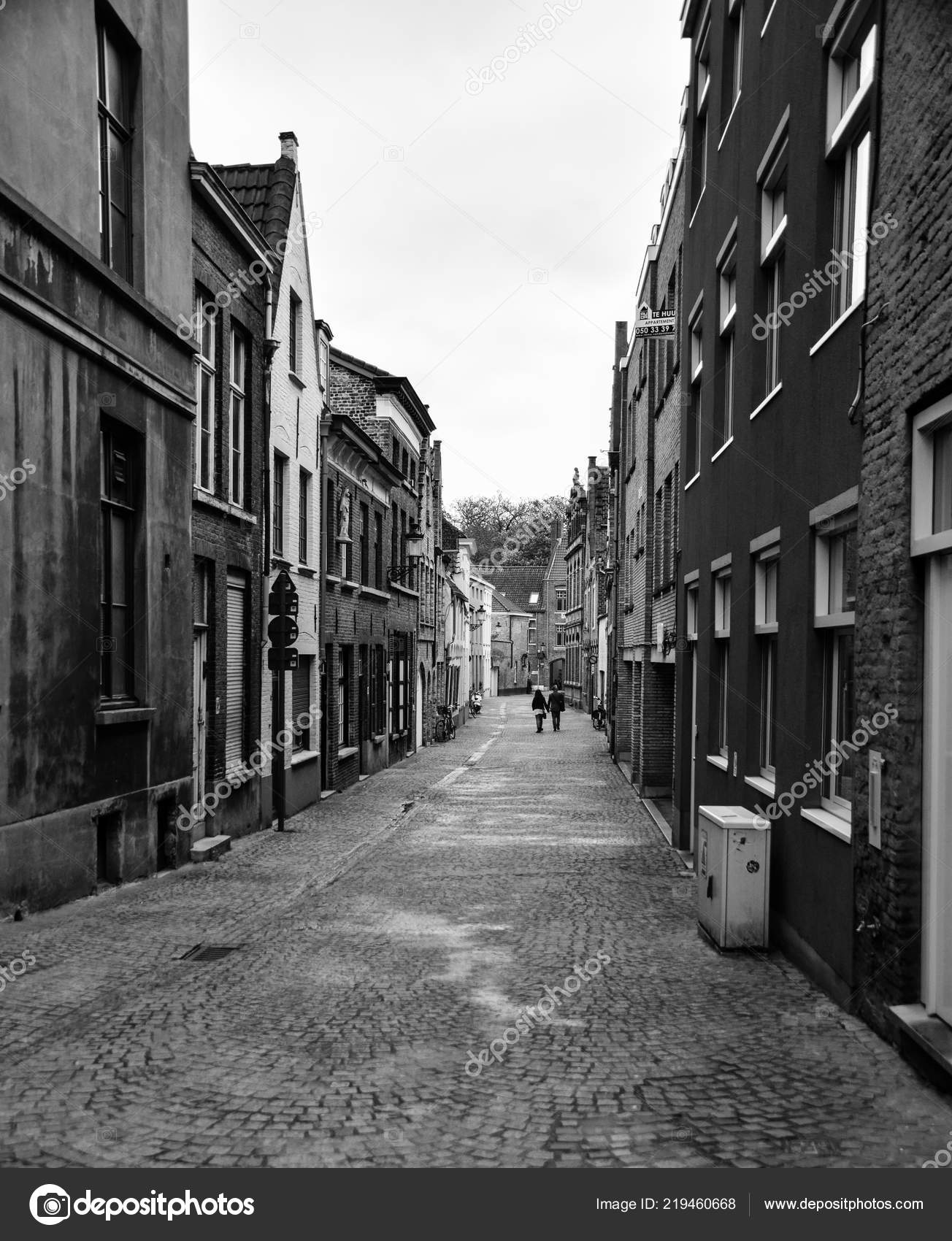 Bruges belgium april 2018 black white photo cobbled street huidenvettersplein stock editorial photography