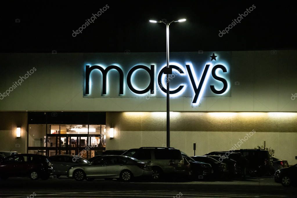 New York City, United States - November 19 2018:   Night shot of Macy's department store frontage at Monmouth Mall