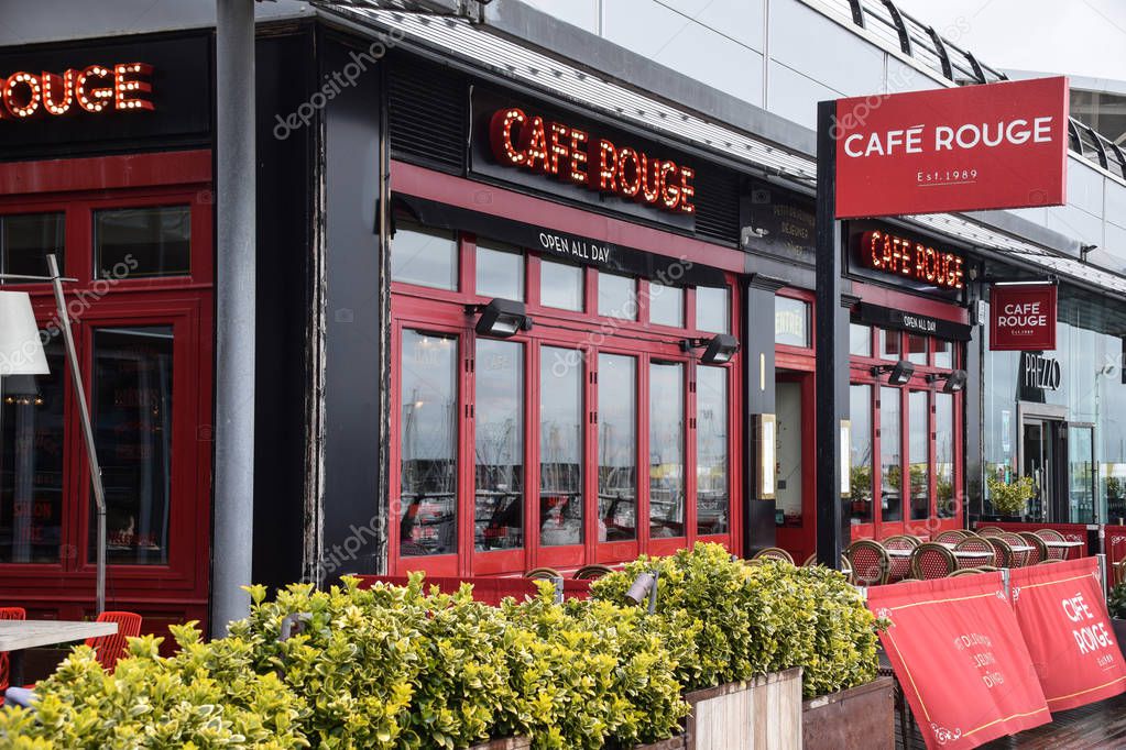 Brighton, United Kingdom - March 28 2018:   The Frontage and entrance to Cafe Rouge coffee shop and restaurant at Brighton marina