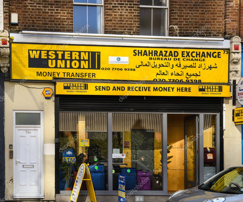 London, United Kingdom - October 18 2018:   The Frontage of Western Union and Shahrazad Exchange bureau on Praed St