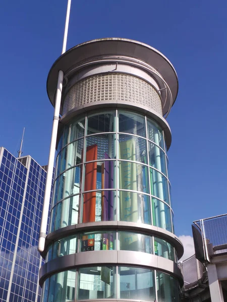 Detail of a tower over one entrance to Festival Place shopping C — Stock Photo, Image