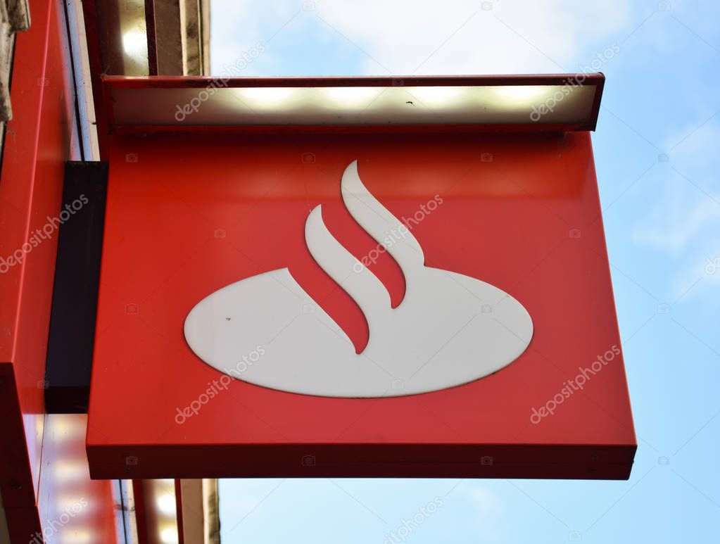Banbury, England - November 29 2017:   Sign with the logo of the Santander Banking group in Banbury