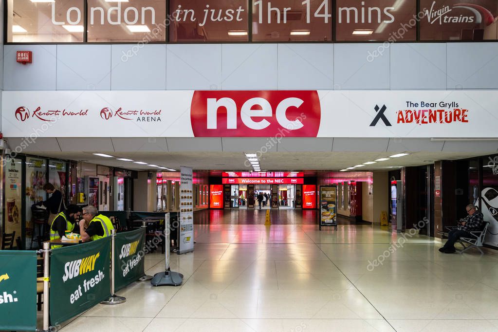 Birmingham, United Kingdom - March 18 2019:   The interior of the bridgeway connecting Birmingham International train station to the National Exhibition Centre over Exhibition way