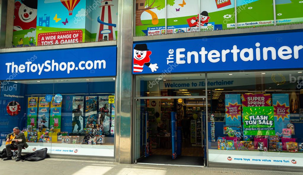 Swindon, United Kingdom - May 04 2019:   The entrance to the Entertainer toy shop off Regent Street