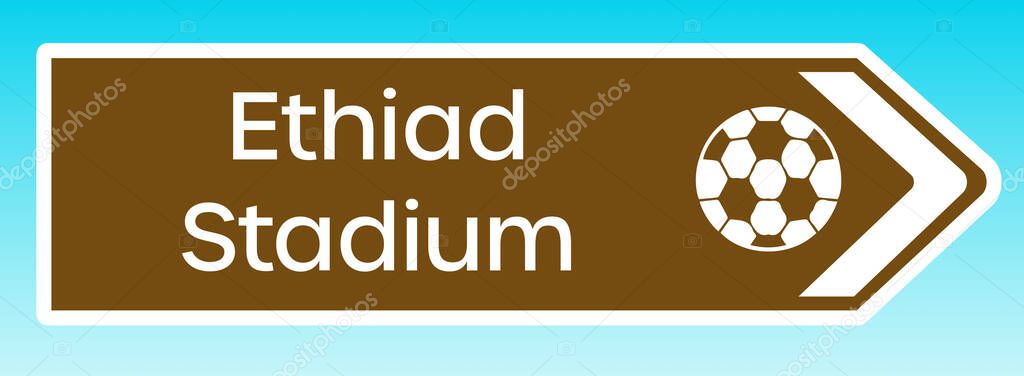 Manchester, United Kingdom - May 08 2020:  A graphic illlustration of a British tourist road sign pointing to the home ground of Manchester City