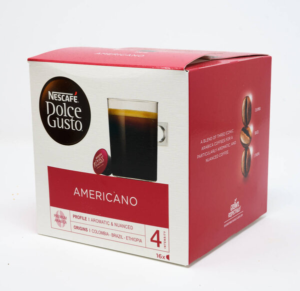 Reading, United Kingdom - July 13 2020:  A box of Nescafe Dolce Gusto Americano Flavoured Coffee machine pods