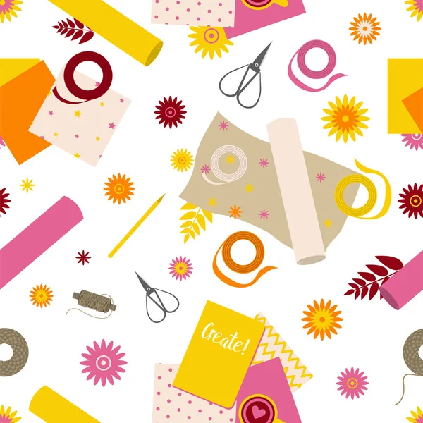 Naadloze Patroon Met Scrapbooking Tools Bloemen — Stockvector