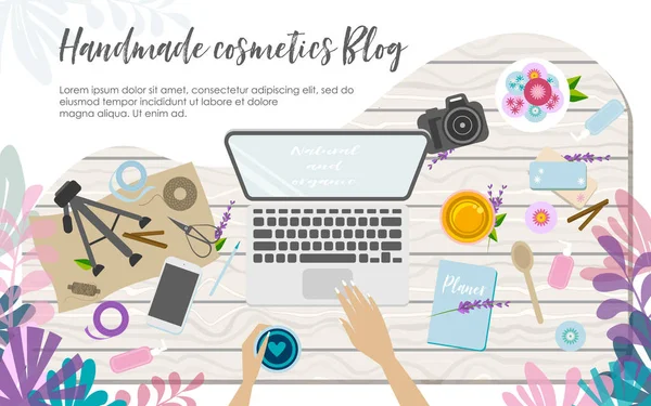 Lugar Trabajo Cosméticos Hechos Mano Jabón Haciendo Blogger Vista Desde — Vector de stock