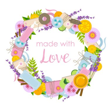 Malzemeler ve araçlar için sabun, banyo bomba ve yapım kozmetik ve sevgi ile yapılan metin ile yuvarlak çerçeve