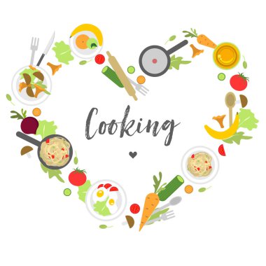 Meyve, sebze ve diğer ürünleri ve yemek pişirmek için aletleri ile bir kalp şeklinde yuvarlak bir kolaj