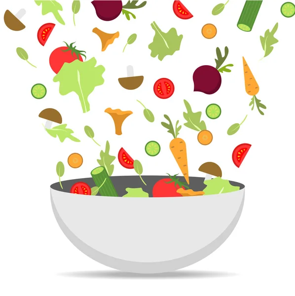 Las verduras y champiñones con hielo vuelan en el plato — Vector de stock