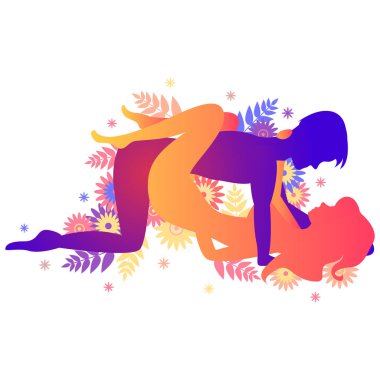 Kama sutra cinsel poz kavrama. Erkek ve kadın üzerinde beyaz arka plan seks pozlar illüstrasyon çiçekli