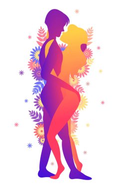 Kama sutra cinsel poz ziyaretçi. Erkek ve kadın üzerinde beyaz arka plan seks pozlar illüstrasyon çiçekli