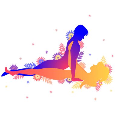 Kama sutra cinsel poz klasik. Erkek ve kadın üzerinde beyaz arka plan seks pozlar illüstrasyon çiçekli