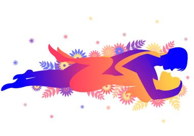 Kama sutra cinsel poz kurbağa. Erkek ve kadın üzerinde beyaz arka plan seks pozlar illüstrasyon çiçekli