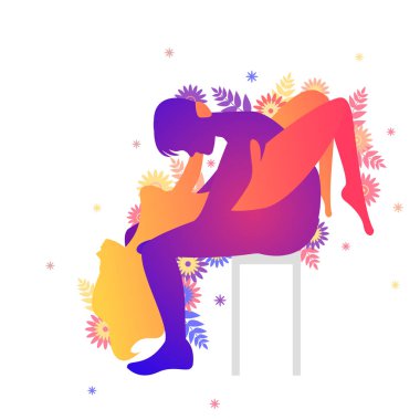 Kama sutra cinsel poz şelale. Erkek ve kadın üzerinde beyaz arka plan seks pozlar illüstrasyon çiçekli